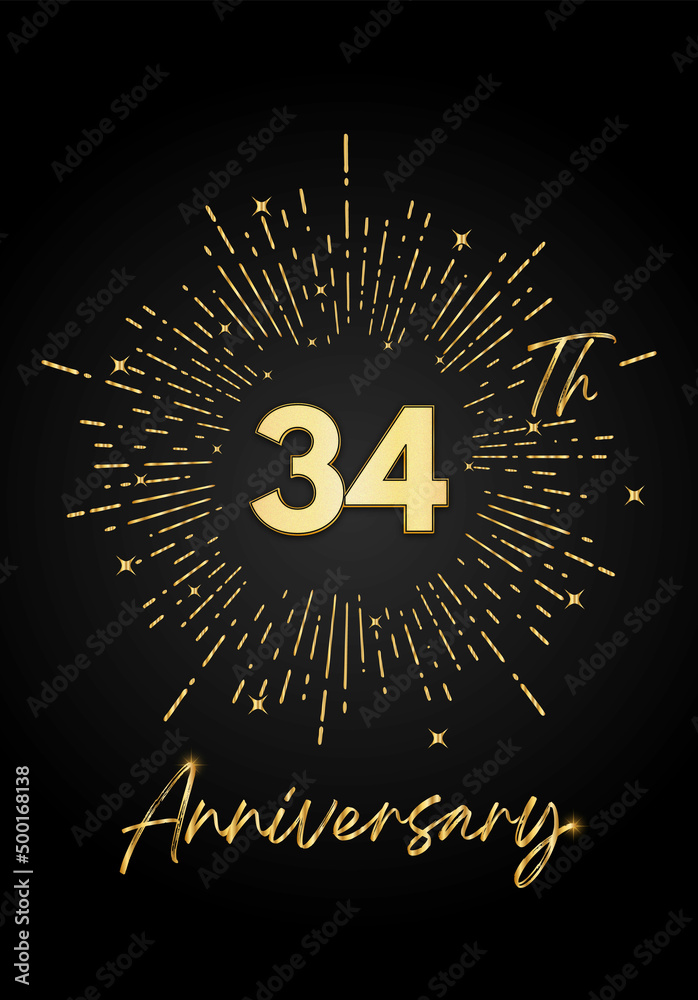 Naklejka premium 34 years golden anniversary logo celebration with a firework on black background. 34 years anniversary card template. vector design for greeting cards, birthday, wedding events, and invitation card