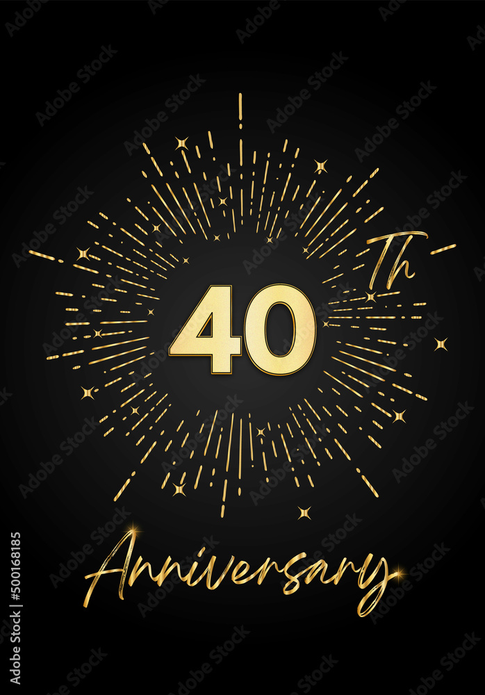 Naklejka premium 40 years golden anniversary logo celebration with a firework on black background. 40 years anniversary card template. vector design for greeting cards, birthday, wedding events, and invitation card