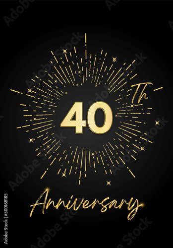 40 years golden anniversary logo celebration with a firework on black background. 40 years anniversary card template. vector design for greeting cards, birthday, wedding events, and invitation card