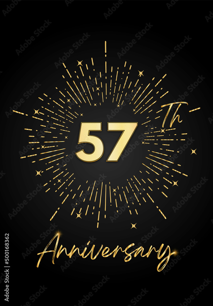 Naklejka premium 57 years golden anniversary logo celebration with a firework on black background. 57 years anniversary card template. vector design for greeting cards, birthday, wedding events, and invitation card