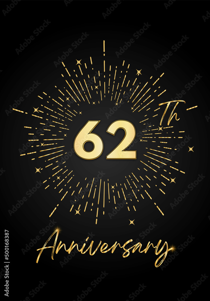 Fototapeta premium 62 years golden anniversary logo celebration with a firework on black background. 62 years anniversary card template. vector design for greeting cards, birthday, wedding events, and invitation card