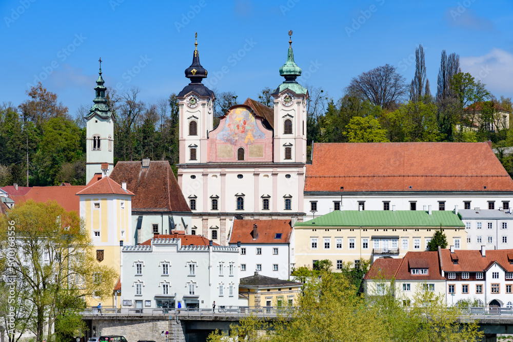 city view of steyr in upper austria with st.michael's church