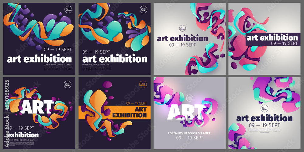 Art exhibition posters with creative pattern of glossy fluid shapes. Vector template for social media in dark and light theme. Square banners of modern gallery or art center