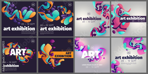 Art exhibition posters with creative pattern of glossy fluid shapes. Vector template for social media in dark and light theme. Square banners of modern gallery or art center
