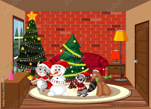 Christmas holidays with snowman and tree