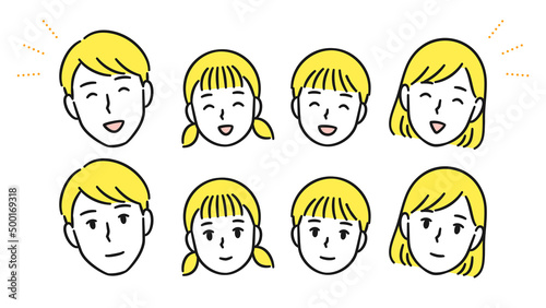 笑顔の家族4人の顔のみイラストセット