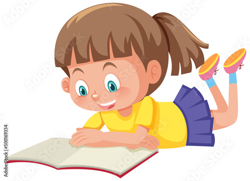 Girl reading a book on white background