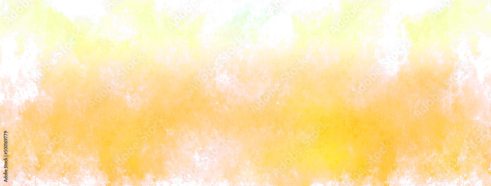 Yellow watercolor on white paper texture. Irregular stains pattern. Panoramic background. 