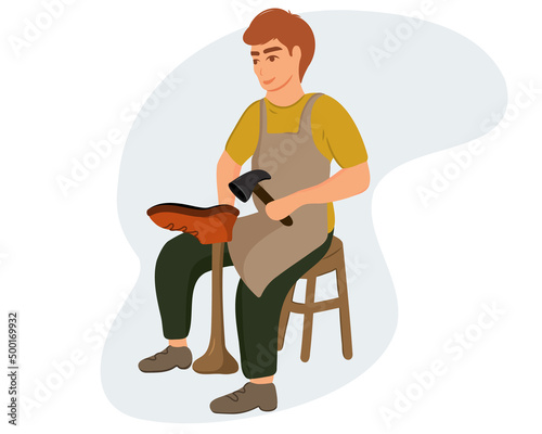 A young shoemaker makes or repairs shoes in a workshop. Cartoon vector illustration.