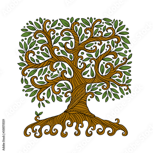 Old big family tree with roots. Isolated on white background. Concept Art for your design. Design interior ideas.