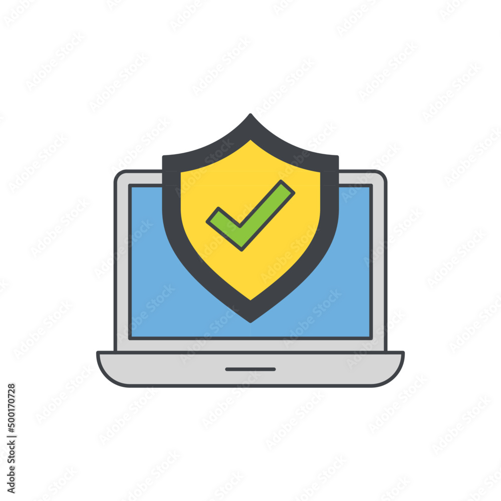 Laptop with shield and check sign, computer antivirus icon in color icon, isolated on white background Laptop with shield and check sign, computer antivirus icon in color icon, isolated on white background