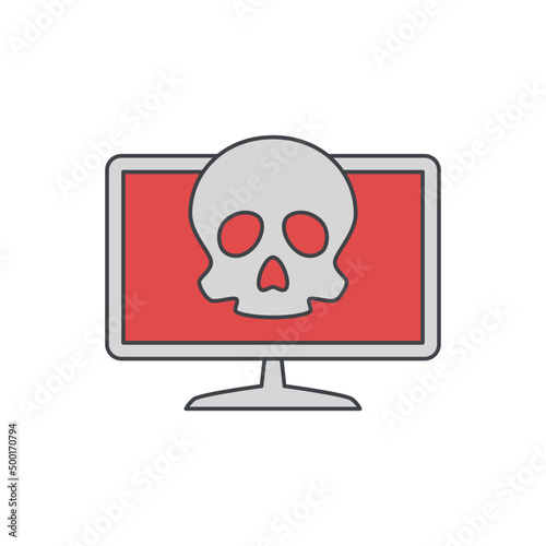 Computer hacking sign, computer displaying skull symbol icon in color icon, isolated on white background 
