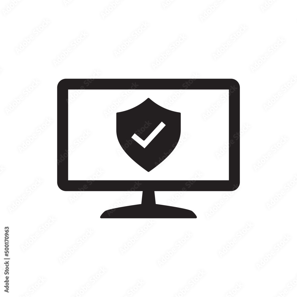Computer with warning sign icon in black flat glyph, filled style isolated on white background Computer with warning sign icon in black flat glyph, filled style isolated on white background