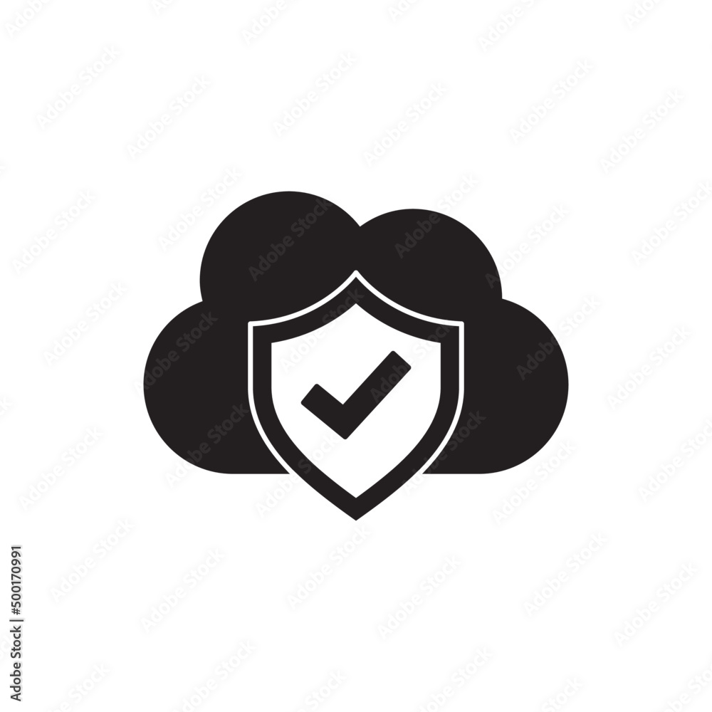 Cloud protection, cloud with shield icon in black flat glyph, filled style isolated on white background Cloud protection, cloud with shield icon in black flat glyph, filled style isolated on white background