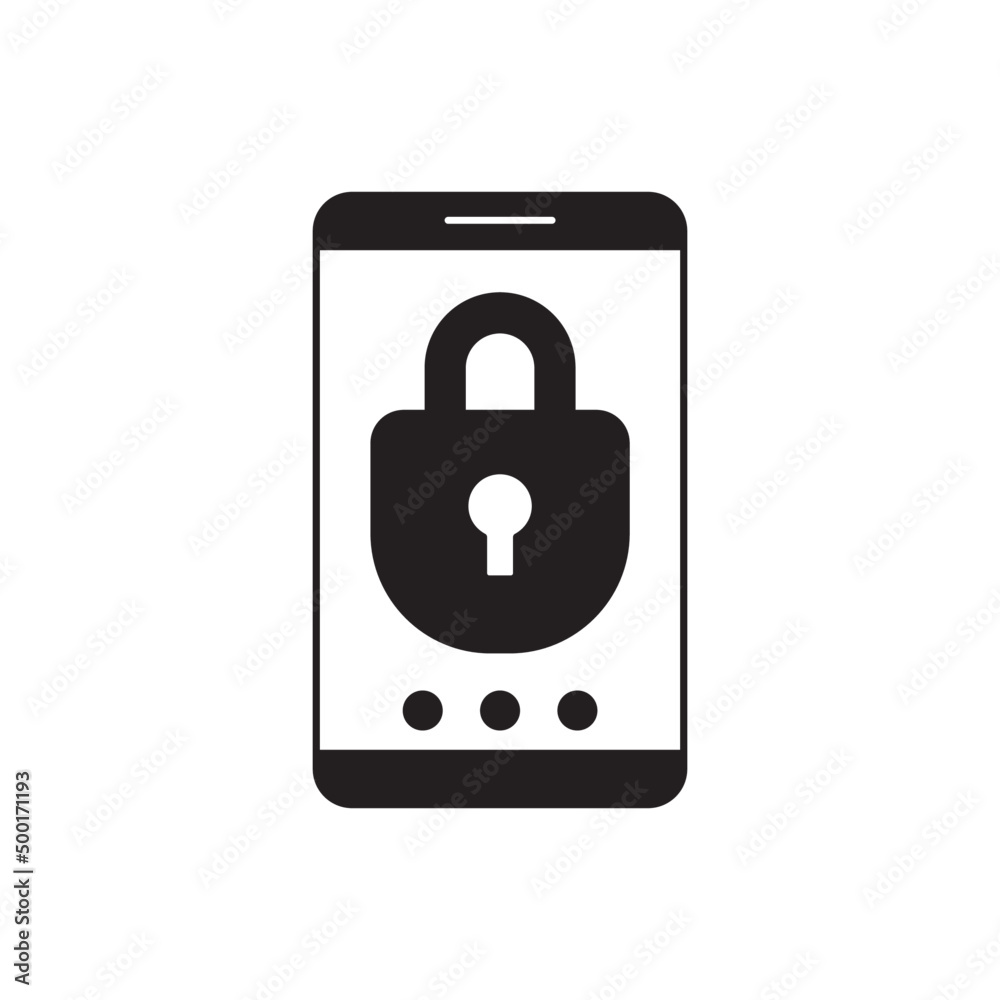 Mobile with lock sign icon, locked phone icon in black flat glyph, filled style isolated on white background Mobile with lock sign icon, locked phone icon in black flat glyph, filled style isolated on white background