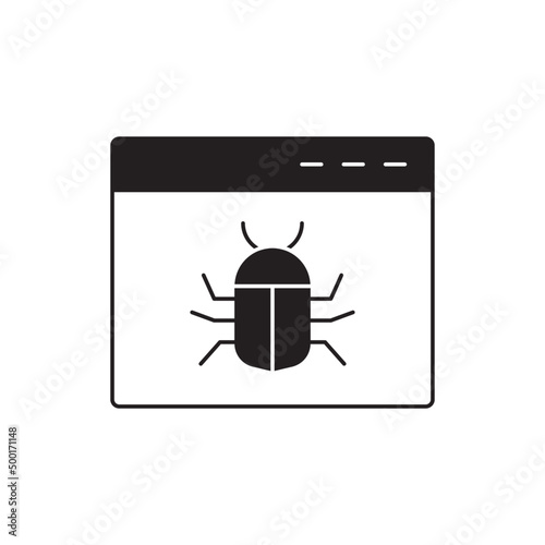 Browser with bug or malware icon in black flat glyph, filled style isolated on white background