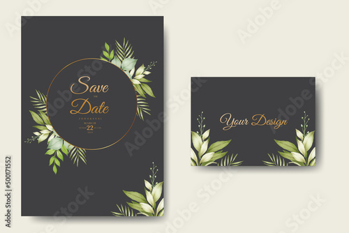 Summer wedding card design with tropical leaf ornament 