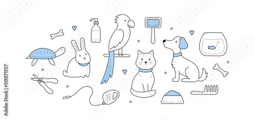 Pets, love home animals doodle concept with domestic cat, dog, parrot, rabbit with turtle or fish in aquarium. Food bowl, comb, scissors and leash, bone, cosmetics bottles, Linear vector illustration
