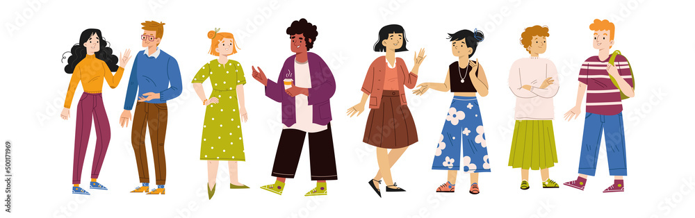 People talk, group of diverse male and female characters speak and communicate. Men and women chat with friends, tell gossips, communicating multinational persons, Line art flat vector illustration