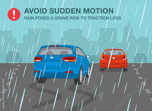 Safe driving rules and tips. Driving on a rainy and slippery road. Avoid sudden motion, rain poses a grave risk to traction loss. Flat vector illustration template.