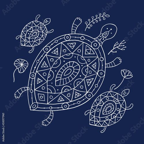 Cute Turtle family in ethnic ornament style. Tortoise with chidren. Floral decor background. Art isolated on blue