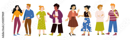 People talk, group of diverse male and female characters speak and communicate. Men and women chat with friends, tell gossips, communicating multinational persons, Line art flat vector illustration