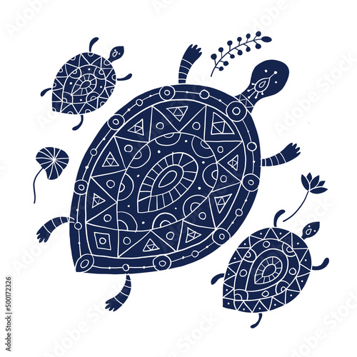 Cute Turtle family in ethnic ornament style. Tortoise with chidren. Floral decor background. Art isolated on white