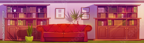 Luxury lounge interior with sofa and bookcases. Vector cartoon illustration of living room or cabinet with couch with leather upholstery in classic style, bookshelves and plants