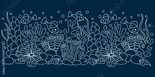 Underwater Marine vector border . Doodle of the sea world . Monochrome. Aquariums. Hand drawn vector illustration