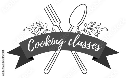 Cooking classes writing with fork and knife. Cutlery fork and  spoon with plants. vector sketch. hand drawing isolated