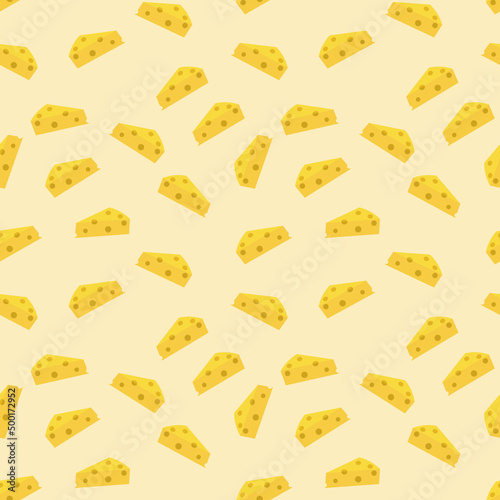 Seamless pattern of swiss cheese pieces on yellow background.
