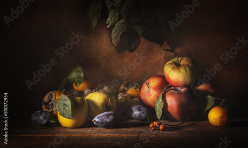 Still life of fruit, in warm brown tones