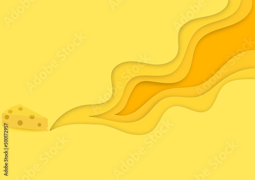One slice of porous cheese, placed on the left with Paper art curve Vector Abstract Background in yellow cheese tone color. 
