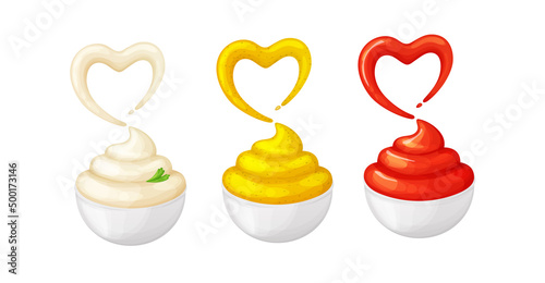 Mayonnaise,mustard,ketchup in bowls with heart splash.Cartoon illustration