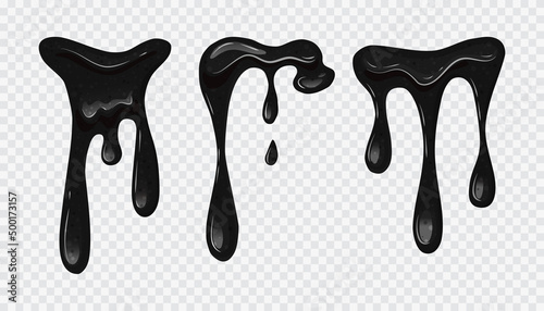 Black flowing slime set on a transparent isolated background. Viscous liquid, oil. Vector cartoon illustration. Vector illustration