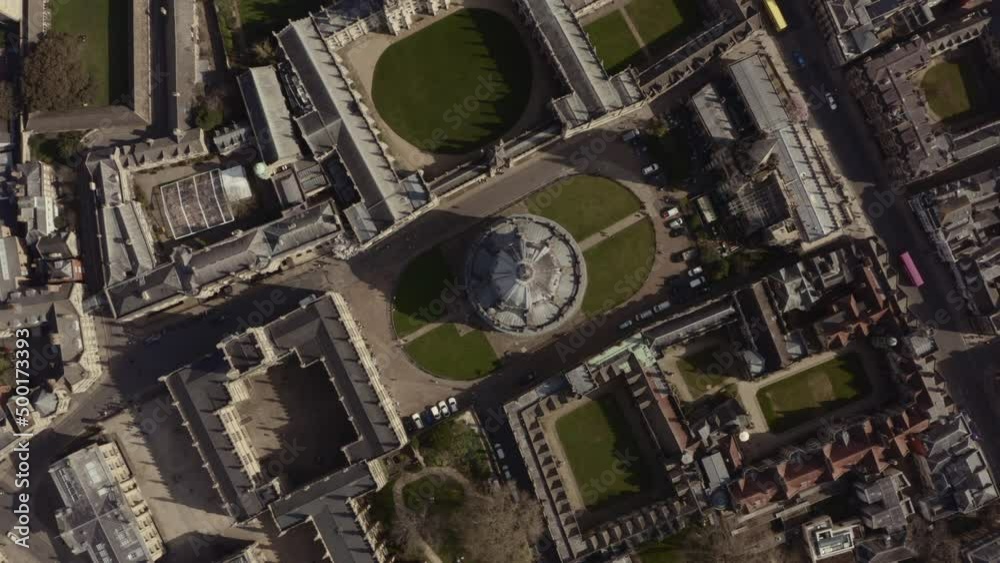 Top down circling drone shot of Bodleian library Radcliffe Camera building Oxford Top down circling drone shot of Bodleian library Radcliffe Camera building Oxford