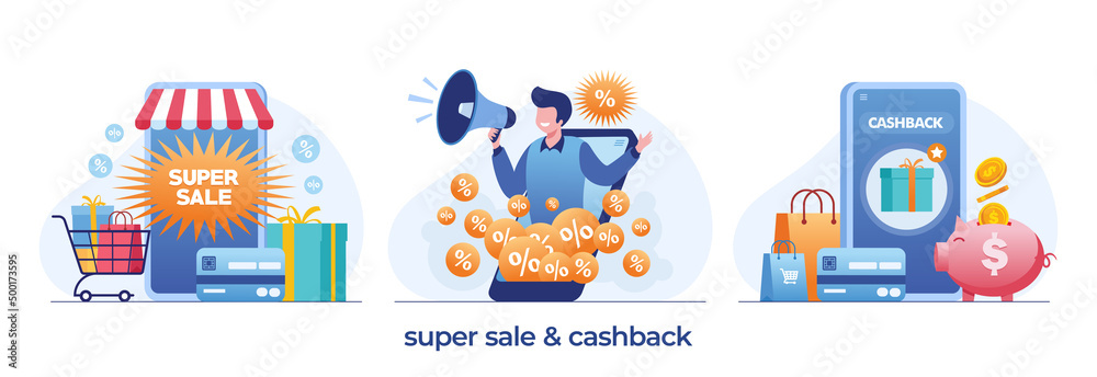 supper sale and cashback, online shopping, coupon, marketing strategy, promo, flat illustration vector design