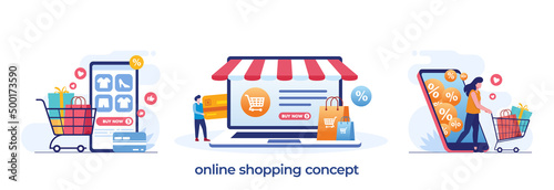 online shopping concept, e-commerce, flash sale, discount, payment cashless, digital, flat illustration vector photo