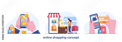 online shopping concept, e-commerce, flash sale, discount, payment cashless, digital, flat illustration vector