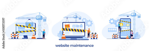 website maintenance, coding and programming, under maintenance, technology, software development, flat illustration vector