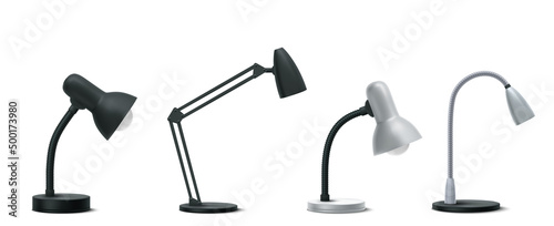 Table lamps, desktop electric light for office and home cabinet. Vector realistic set of 3d modern black and metal desk flexible lamps with bulb and round stand isolated on white background