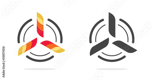Logo of aircraft aviation vector icon or wind energy propeller geometric graphic with three elements symbol, concept of plane engine pictogram, air fan logotype