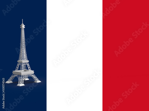 3d render white eiffel tower on the side of the flag of france, patriotism elections in france photo