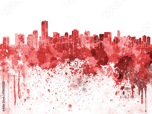 Miami skyline in red watercolor on white background