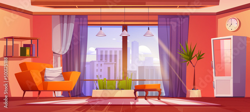 Living room interior with large panoramic windows and megalopolis cityscape. Modern apartment with city skyline view, cozy armchair, plants and furniture, home design, Cartoon vector illustration