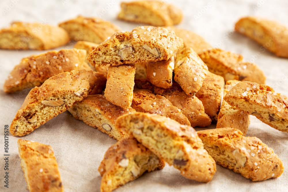Homemade Italian Cantuccini with Almonds, side view. Crispy Almond Cookies. Close-up.