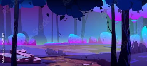 Magic forest landscape with trees and bushes at night. Vector cartoon illustration of fantastic scene of woods with mystic purple light. Fantasy garden with plants, stones, path and glade