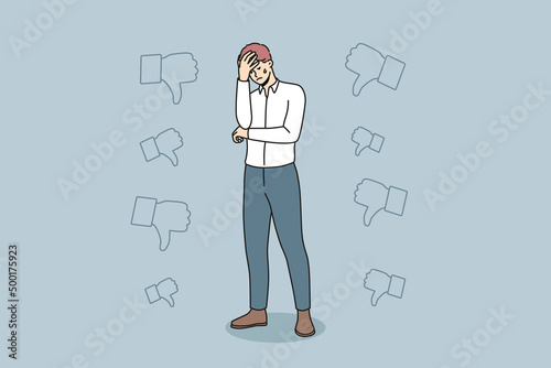 Unhappy businessman stressed with negative feedback or bad career news. Upset male employee distressed with work failure or mistake. Job burnout or mental breakdown. Vector illustration. 