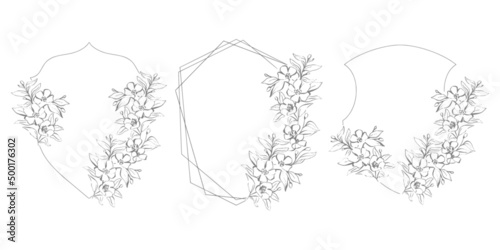 Floral handrawn wreaths and crests for wedding monogram, initials and delicate logo designs