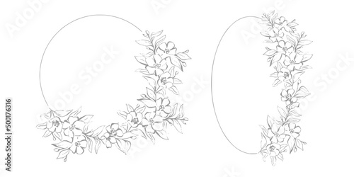 Minimalist lineart floral wedding crest and wedding wreath, vintage and antique handrawn floral circle and oval frame